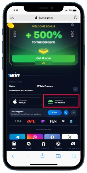 A smartphone displaying 1Win casino footer with highlighted button 'App for Android'