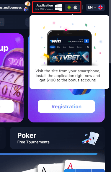 Mobile gaming application 1win advertisement with bonus offer