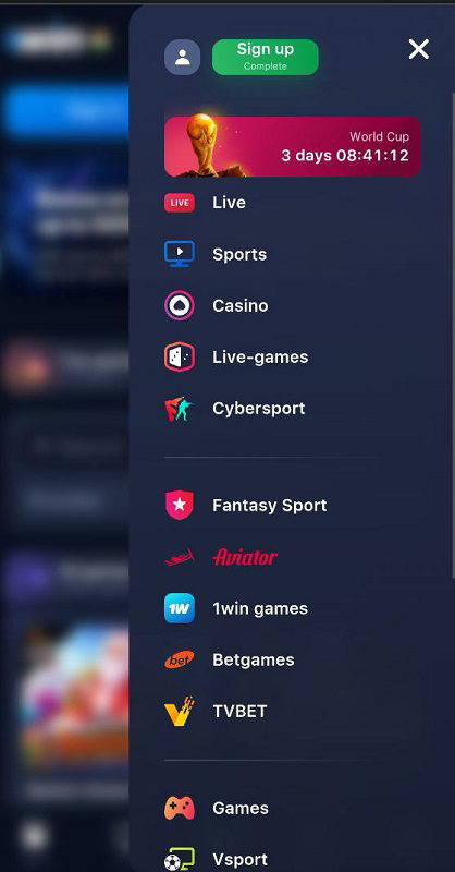 1win casino mobile interface with dropdown menu and Aviator game