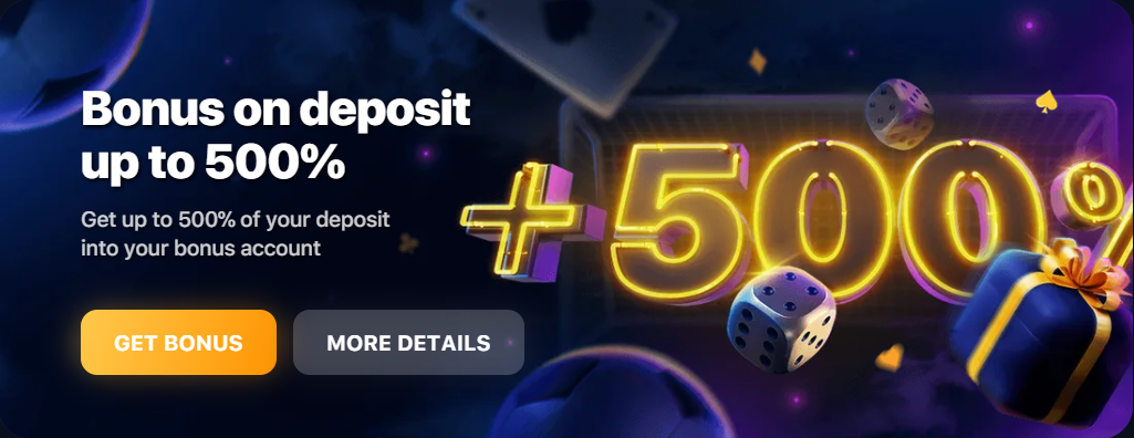 Promo banner of 1Win casino with presents, cubes, cards and text 'Bonus on deposit up to 500%'