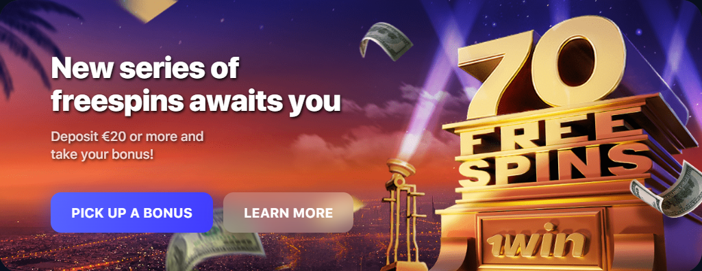 Promo banner of 1Win casino with 3D image '70 free spins', money and a text