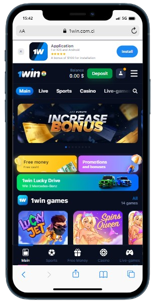 A smartphone displaying 1Win casino home page with pop up window to download app