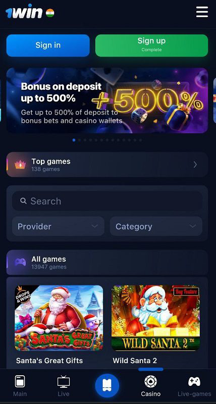 1win casino interface showcasing game selection and bonus on deposit
