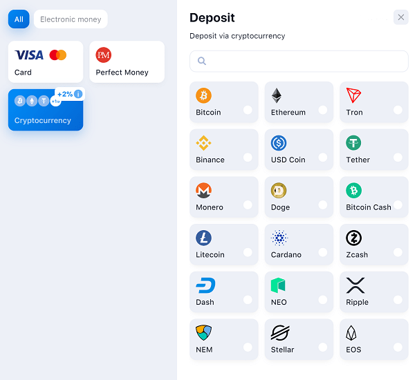 Deposit panel 1win showing payment options with highlighted cryptocurrency