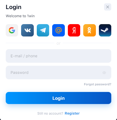 User login interface for 1win with social media buttons and lines for email, password