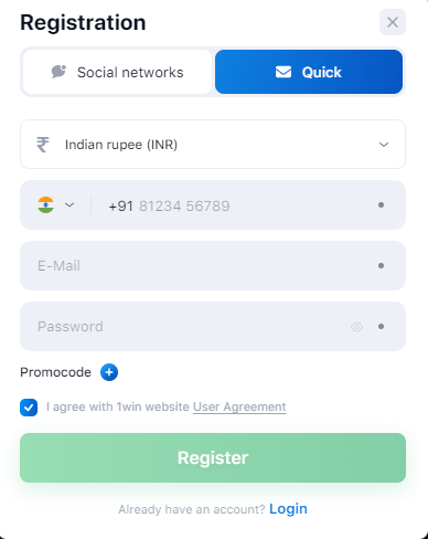 Quick registration form for 1 win with lines: currency, phone number, email, password