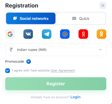 Registration form for 1win with different social network options and currency