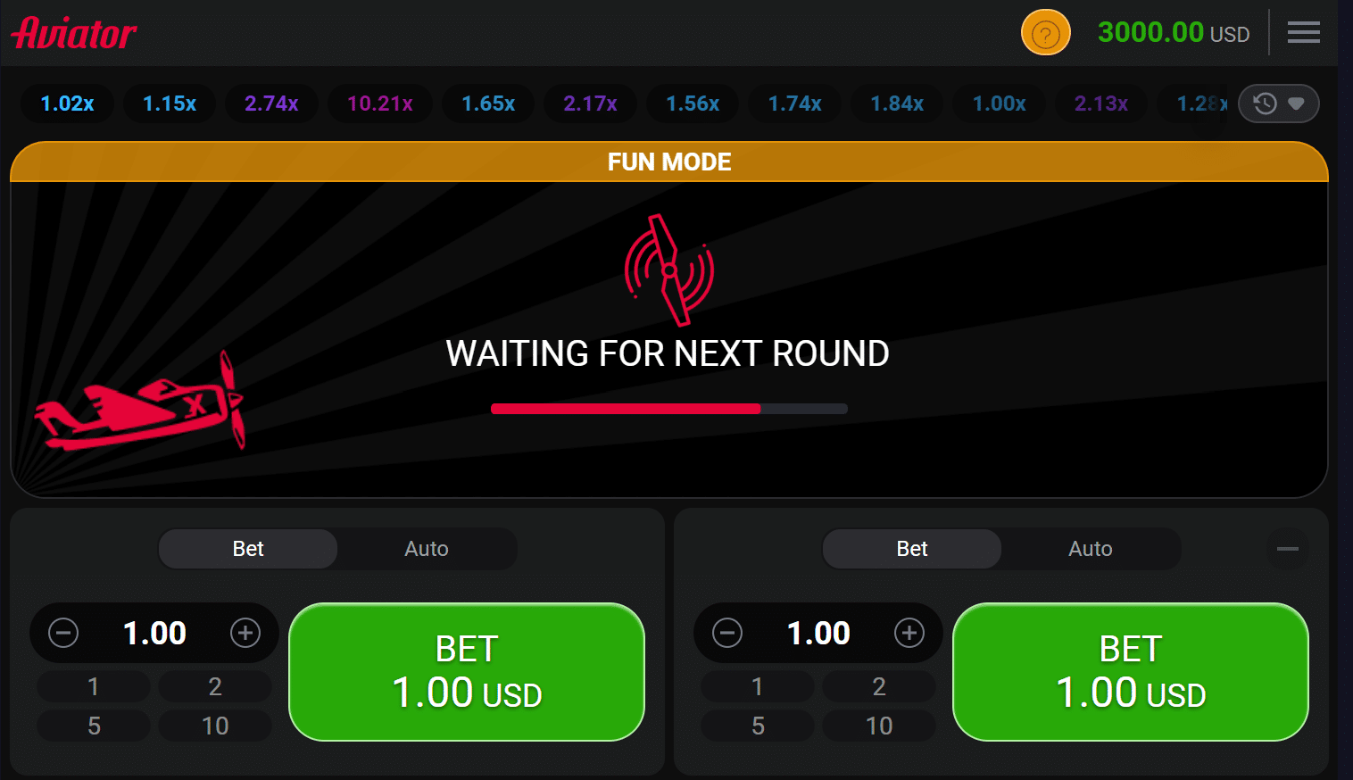 Aviator game in FUN MODE displaying 'WAITING FOR NEXT ROUND' with betting options