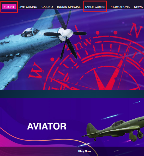 Game section Becric with Aviator game featuring a vintage airplane with menu options and a 'Play Now' button