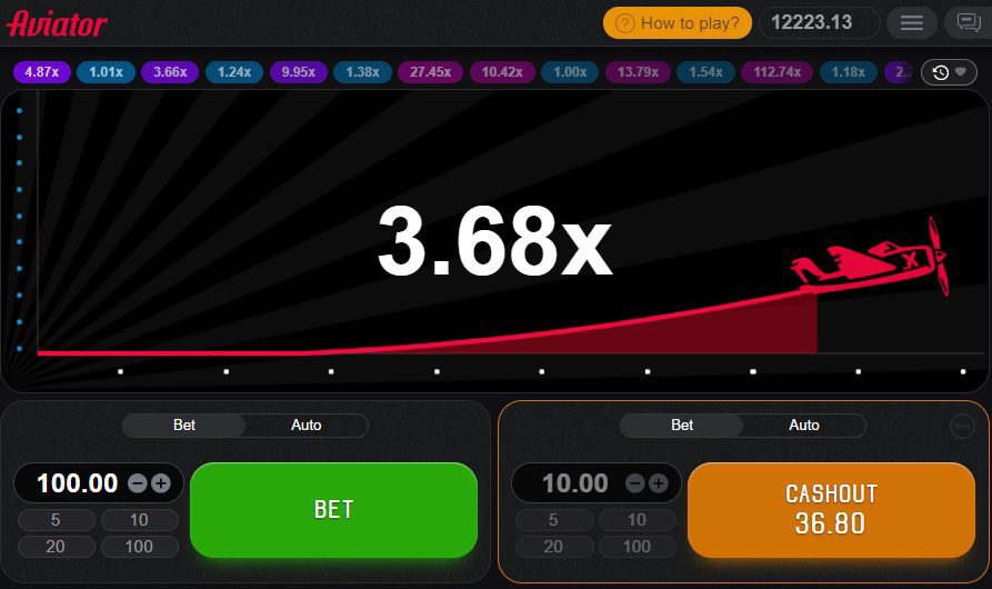 Aviator game interface with multiplier and betting options