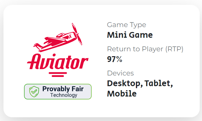 Aviator mini-game showing 97% Return to Player, compatibility with devices, and Provably Fair Technology