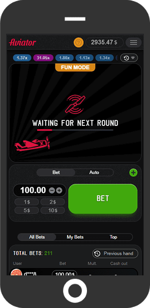 Cell phone with Aviator game interface and betting options