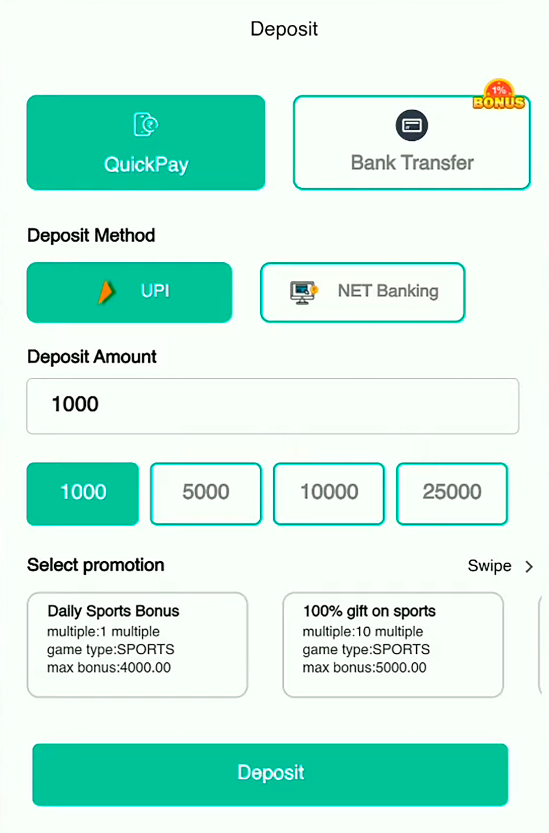 Becric deposit panel with payment options