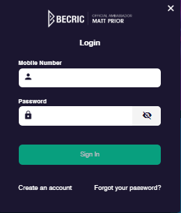 Login form Becric casino with fields for mobile number, password and button Sign In