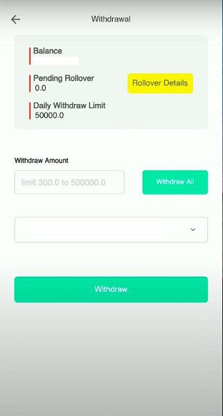 Withdrawal panel of Becric with balance details and a 'Withdraw All' option