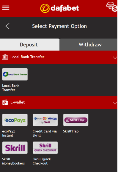 Dafabet deposit panel with payment methods