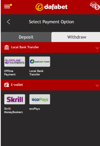 Dafabet withdrawal panel with payment methods