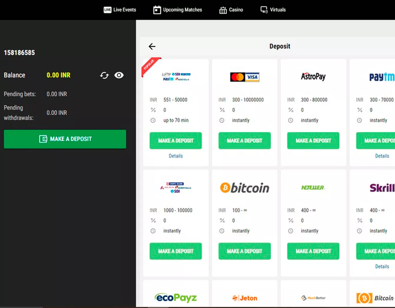 Parimatch account interface with options to make a deposit and different payment methods