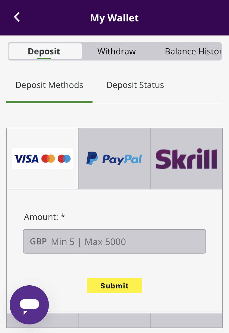 Hollywoodbets deposit panel with payment options