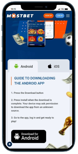 A smartphone displaying Mostbet casino site with guide to download app on Android