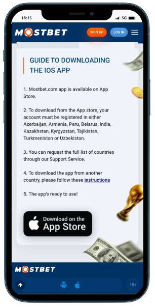 A smartphone displaying Mostbet casino site with guide to download app on IOS