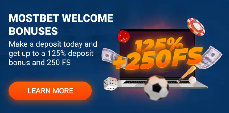 Promo banner of the Mostbet with laptop, casino chips, money, and text 'Welcome bonuses'