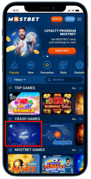 A smartphone displaying Mostbet casino games library