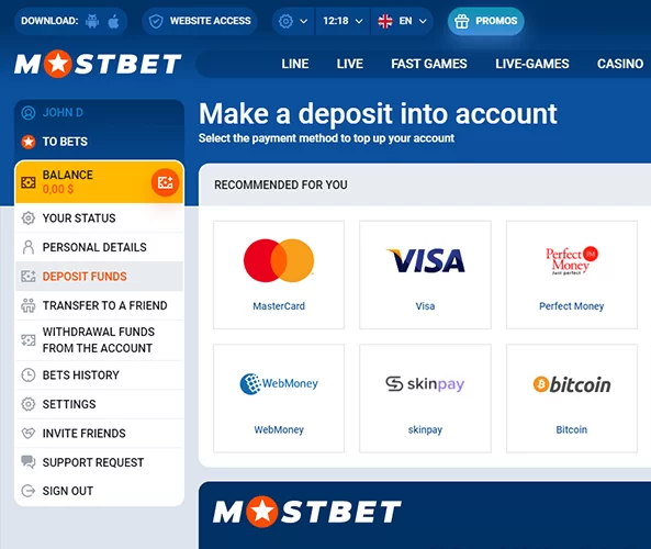 Mostbet deposit panel with payment options