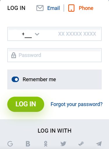 Mobile phone login interface Mostbet with a country code selector and password field
