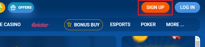 Header of a Mostbet site with different options and highlighted 'Sign Up'