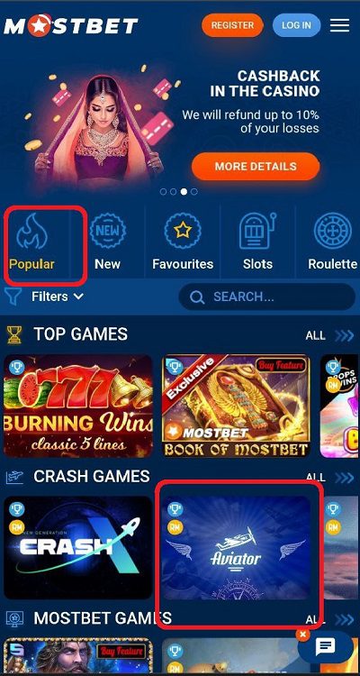Mobile interface of casino with a popular tag selected and mostbet aviator game featured