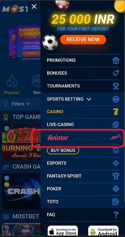 Mobile menu of a Mostbet highlighting 'Aviator' game with other categories