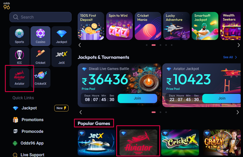 Odds96 casino home page and Aviator game