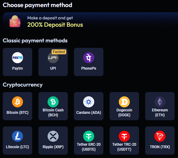 Odds96 deposit panel with payment methods