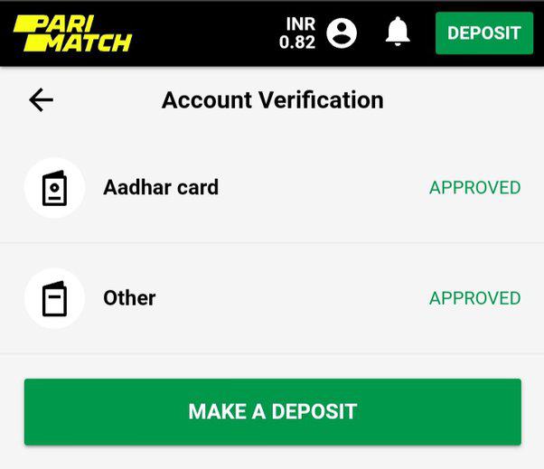Account verification screen on a Parimatch with an option to make a deposit