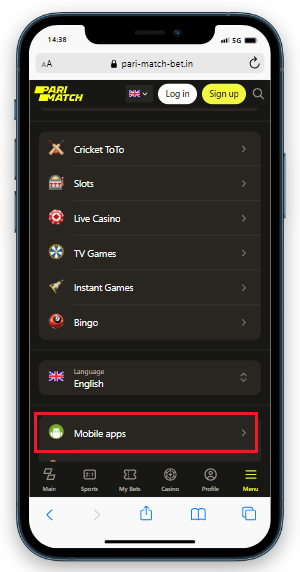 Mobile website view of Parimatch with a dropdown menu highlighted for mobile apps