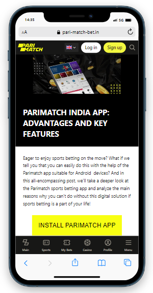 Parimatch mobile site highlighting the Parimatch India app with an 'INSTALL' button