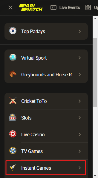 Burger menu of Parimatch showing different betting categories with 'Instant Games' highlighted