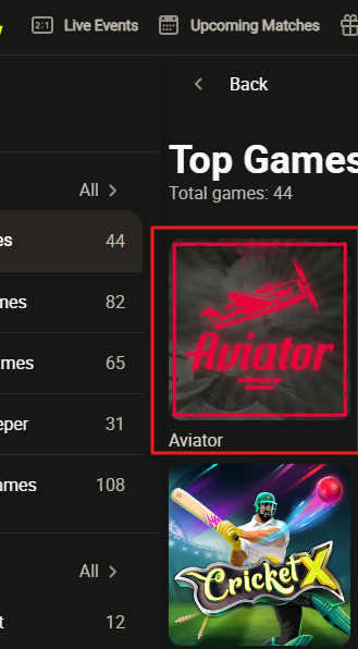 Game section on Parimatch with 'Aviator' game prominently displayed under the 'Top Games' category