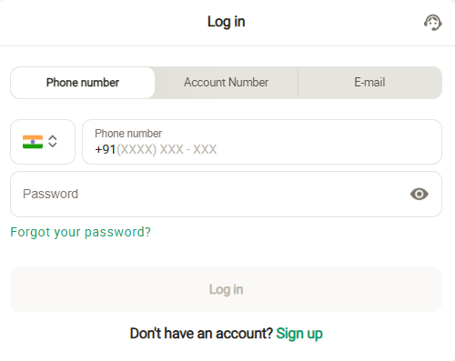 Login interface of Parimatch with tabs for phone number, account number, email and password