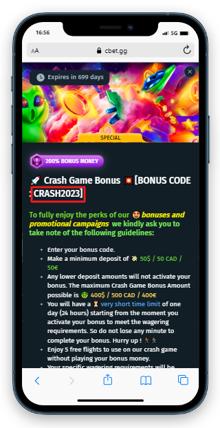 Casino promotional page with highlighted bonus code