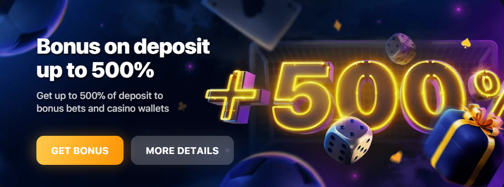 Promotional banner of the casino with text 'Bonus on deposit up to 500%'