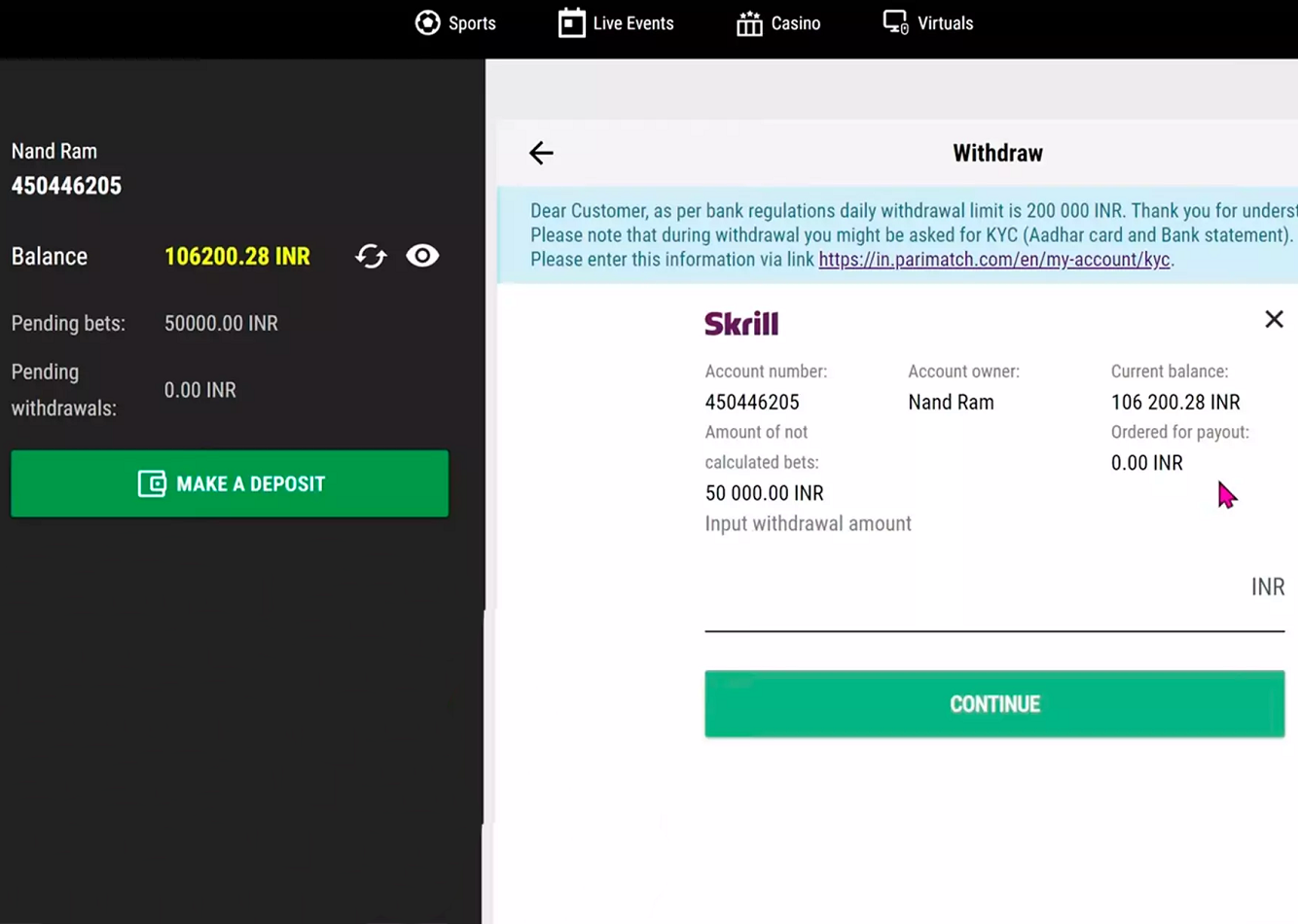 Withdrawal interface on Parimatch with Skrill selected, showing balance details